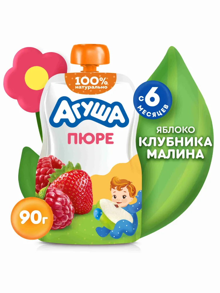 Агуша детское пюре клубника-малина,90г – Agusha strawberry-raspberry baby purée, 90g