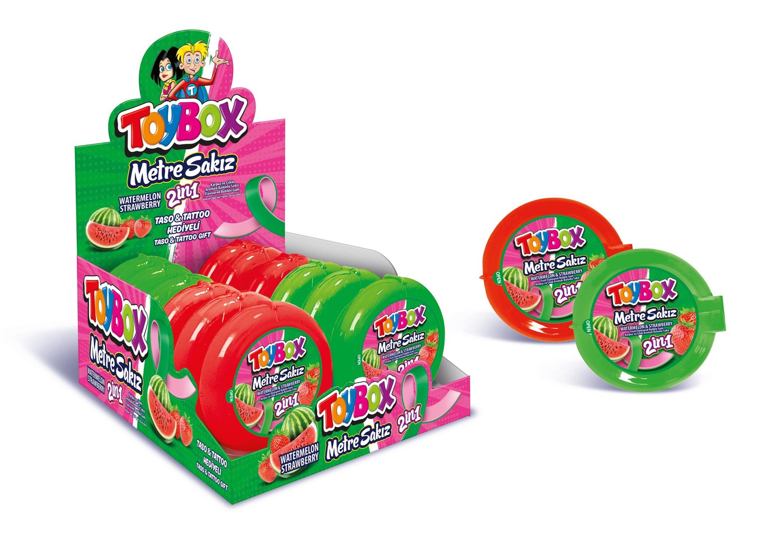 TOYBOX STRİP GUM (2IN1) WATERMELON & STRAWBERRY FLAVOURED  4gr